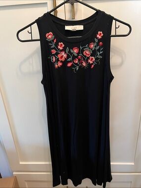 LOFT Black Sleeveless Mini Dress with Red Floral Embroidery and Green Leaves